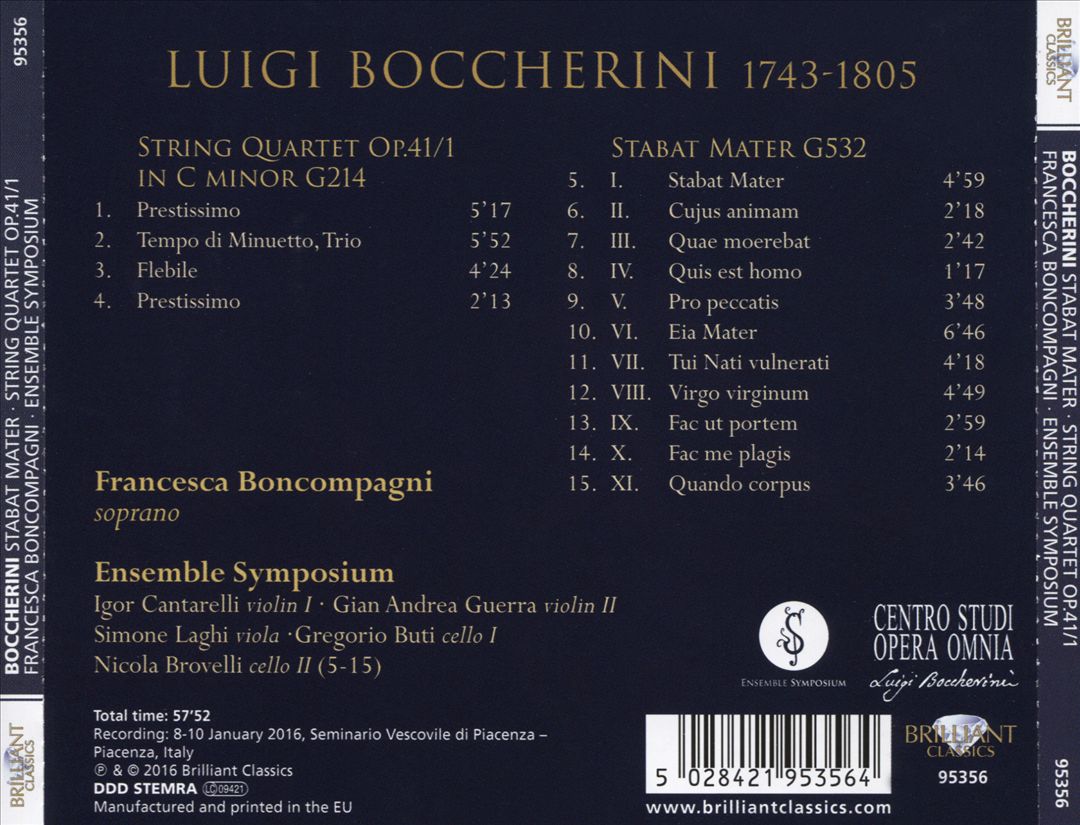 Boccherini: Stabat Mater; String Quartet Op. 41/1 cover art
