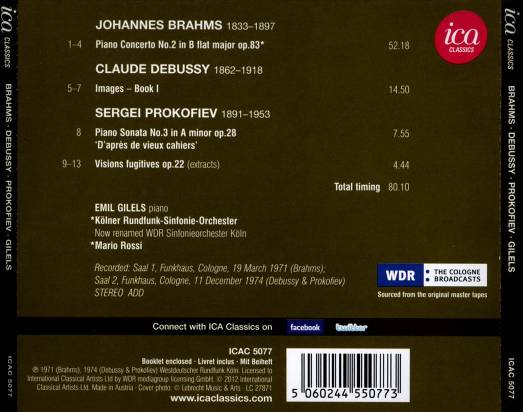 Brahms: Piano Concerto No. 2; Debussy: Images Book 1; Prokofiev: Piano Sonata No. 3; Visions Fugitives cover art
