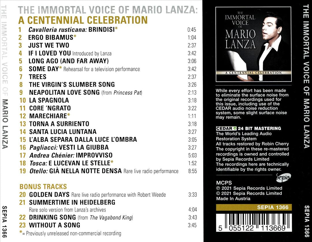 Immortal Voice of Mario Lanza: A Centennial Celebration cover art