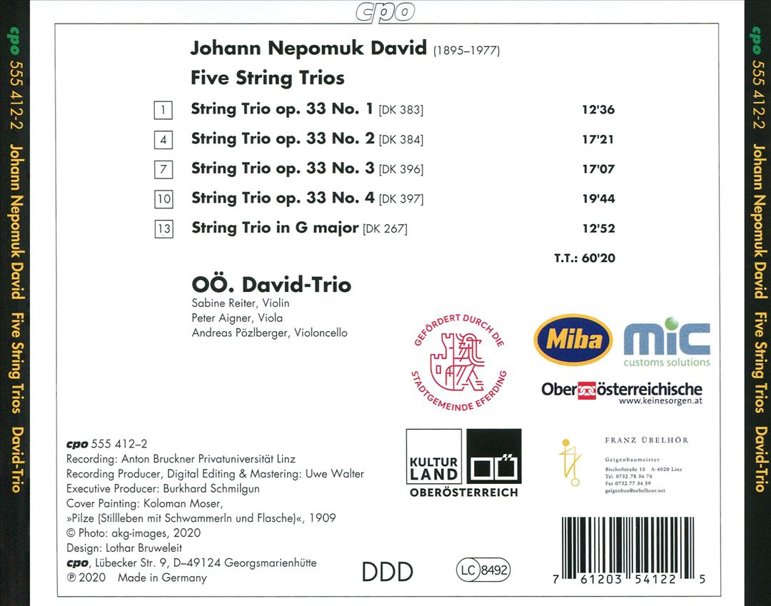 Johann Nepomuk David: Five String Trios cover art