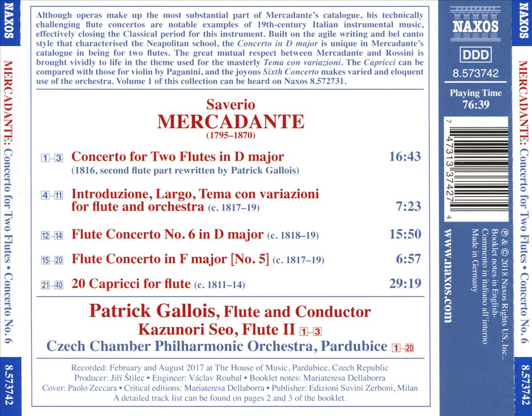 Saverio Mercadante: Concerto for Two Flutes; Flute Concerto No. 6; 20 Capricci cover art