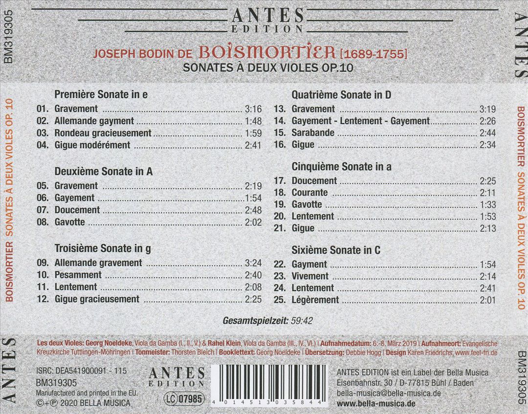 Joseph Bodin de Boismortier: Sonates à Deux Violes Op. 10 cover art