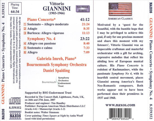 Vittorio Giannini: Piano Concerto; Symphony No. 4 cover art