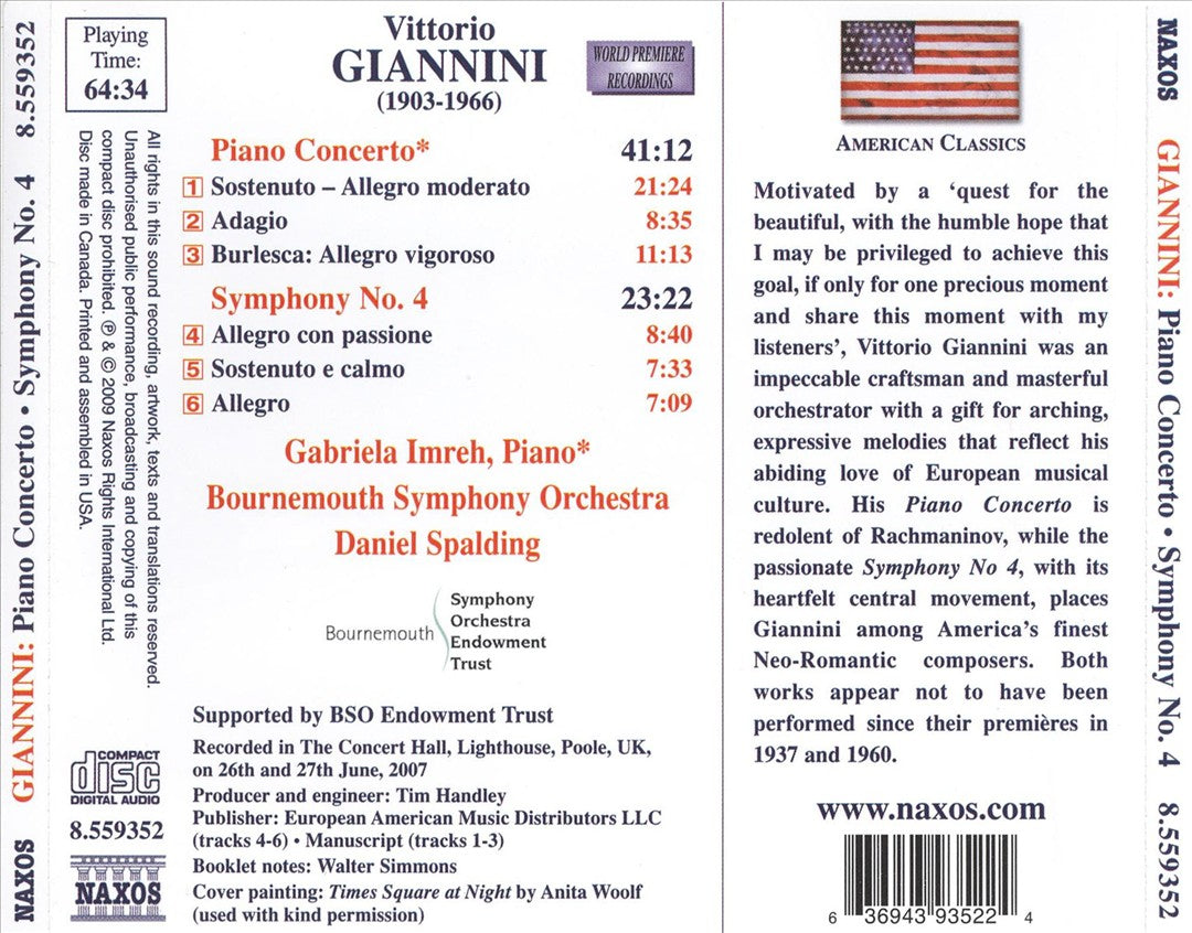 Vittorio Giannini: Piano Concerto; Symphony No. 4 cover art