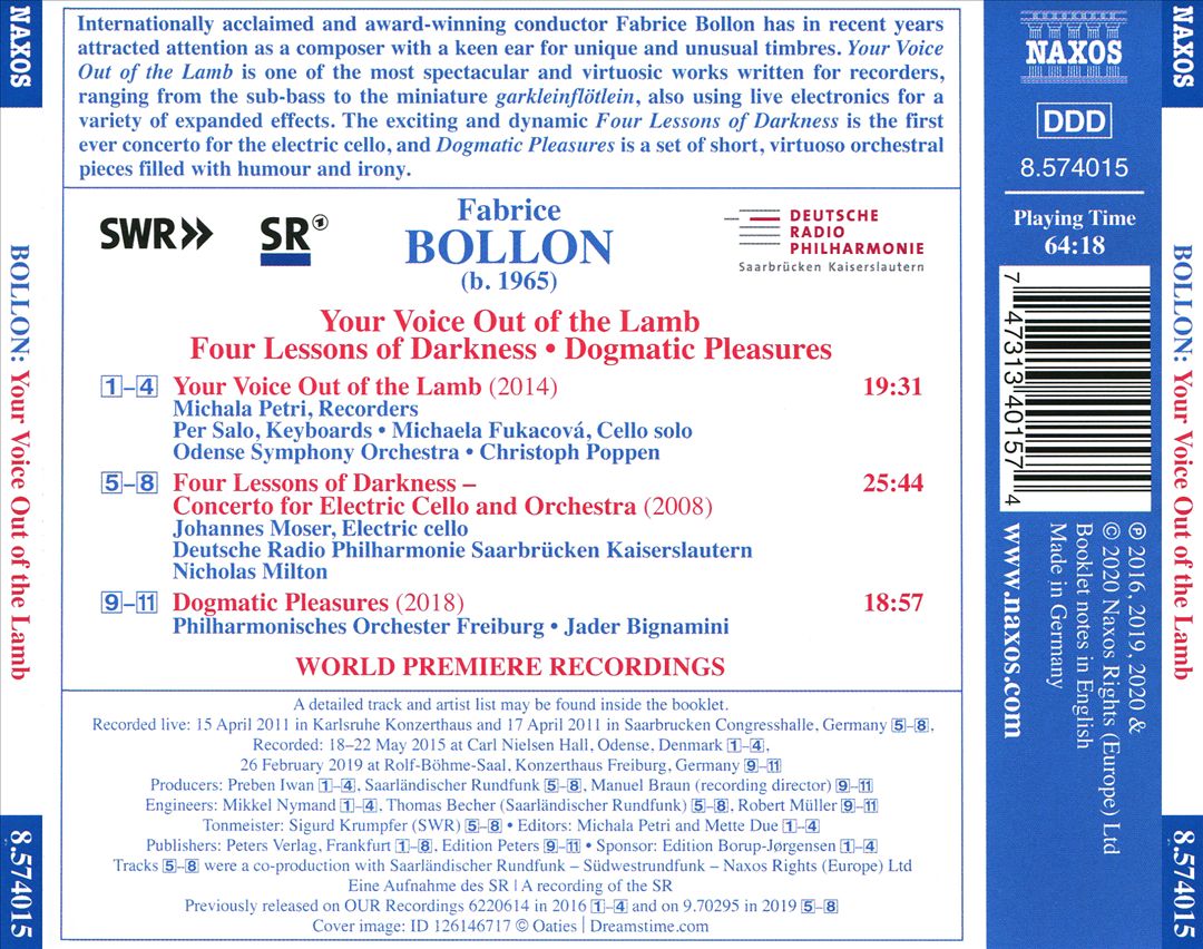 Fabrice Bollon: Your Voice Out of the Lamb; Four Lessons of Darkness; Dogmatic Pleasures cover art