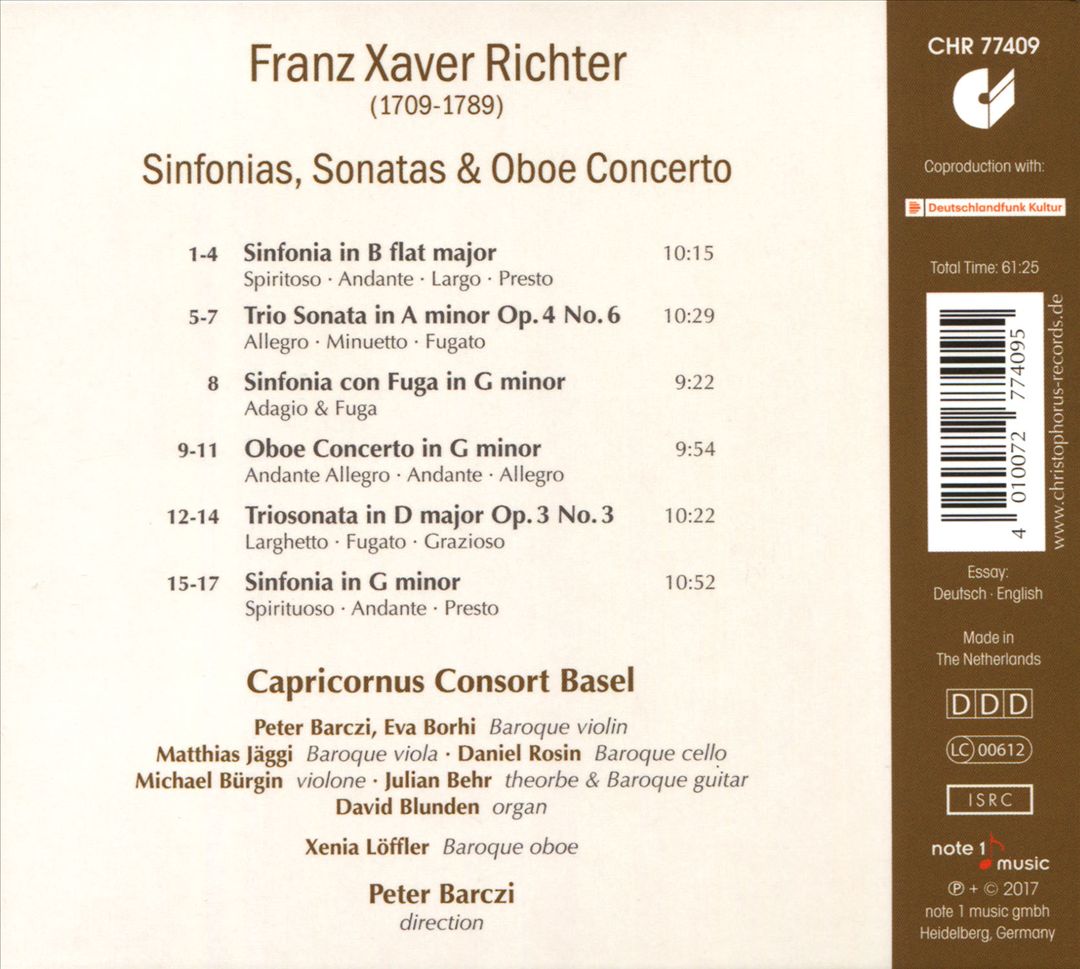 Franz Xavier Richter: Sinfonias; Sonatas; Oboe Concerto cover art