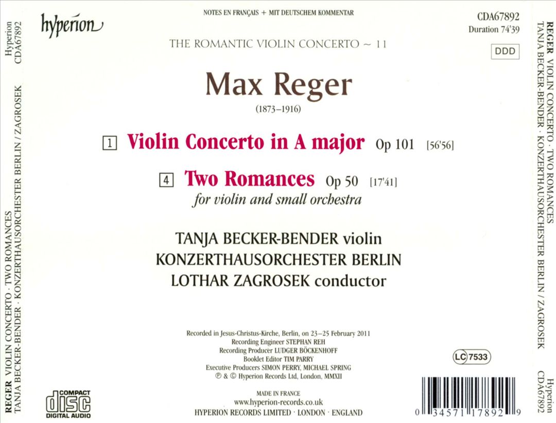 Reger: Violin Concerto, Op. 101; Two Romances, Op. 50 cover art