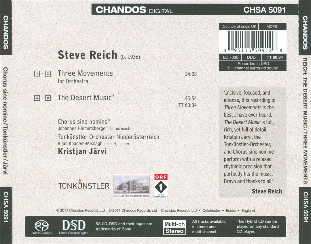 Reich: The Desert Music; Three Movements cover art