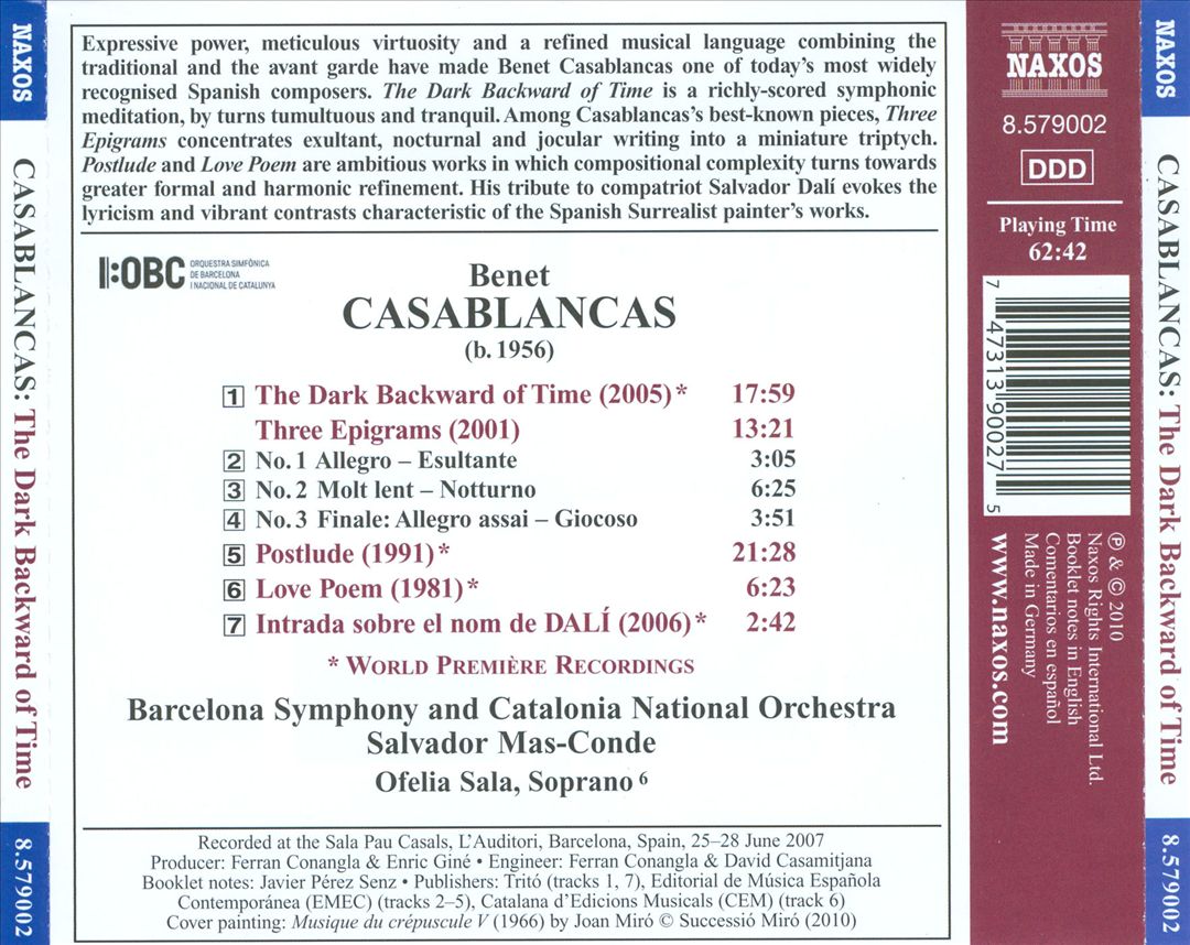 Benet Casablancas: The Dark Backward of Time; Three Epigrams; Postlude & Others cover art