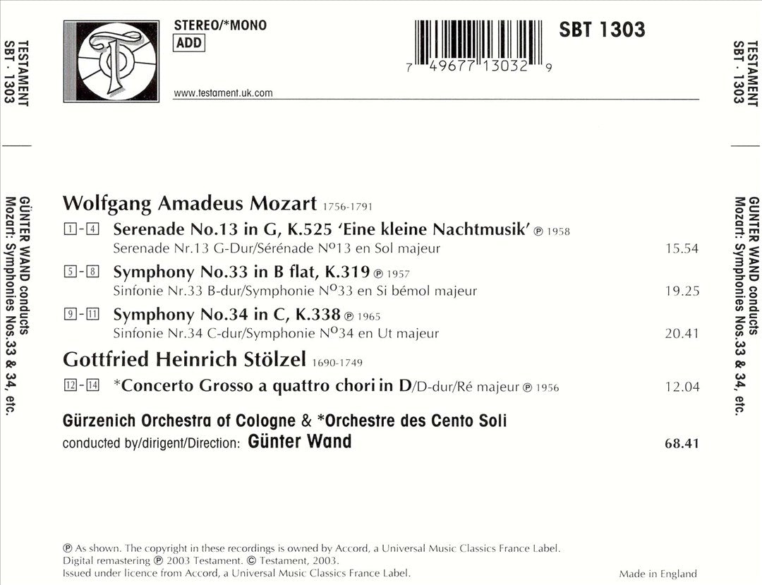 Mozart: Eine kleine Nachtmusik; Symphonies Nos. 33 & 34; Stölzel: Concerto Grosso a quattro chori cover art
