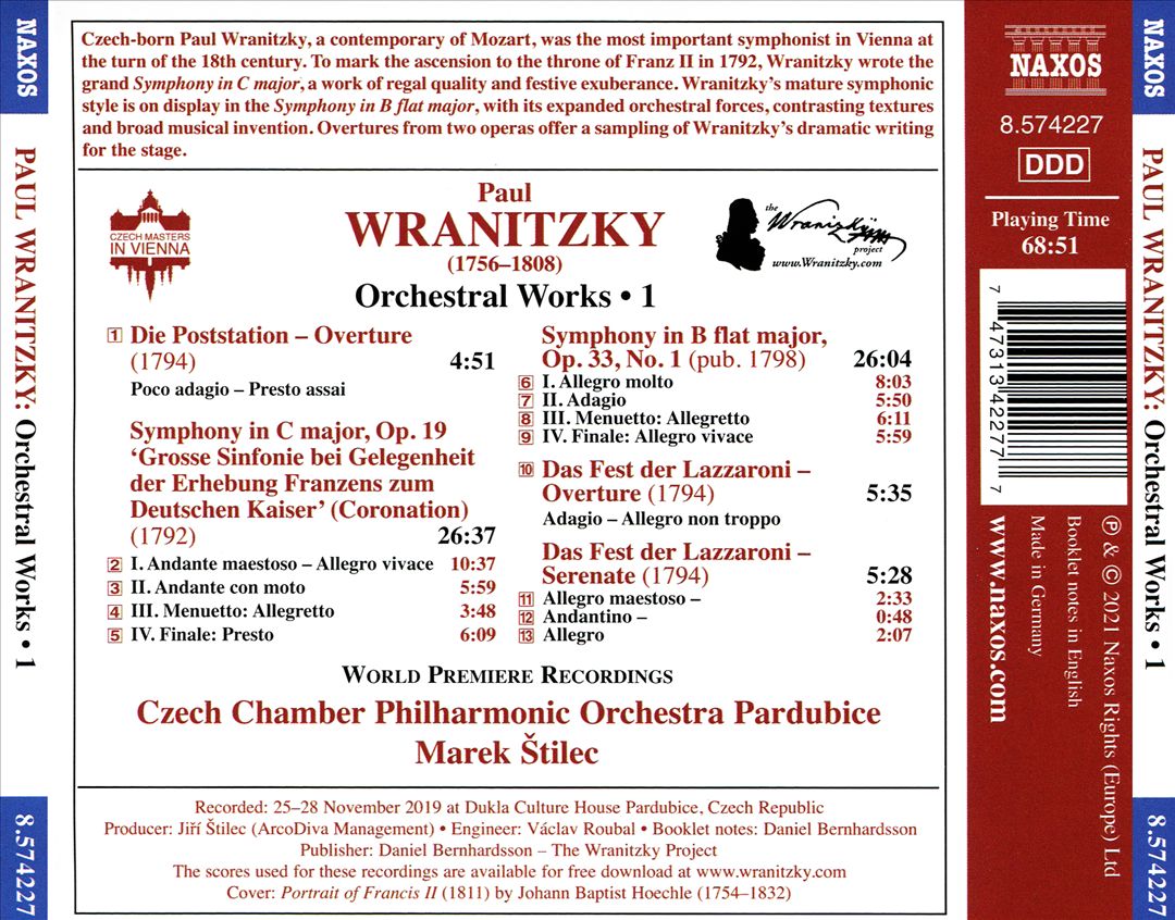 Paul Wranitzky: Orchestral Works, Vol. 1 cover art