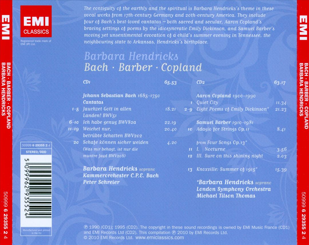 Barbara Hendricks sings Bach, Barber & Copland cover art