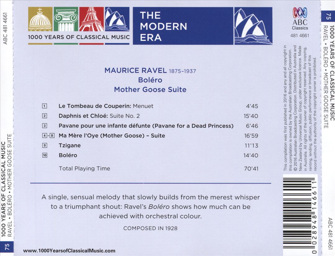 1000 Years of Classical Music, Vol. 75: The Modern Era - Ravel Mother Goose Suite, Boléro cover art