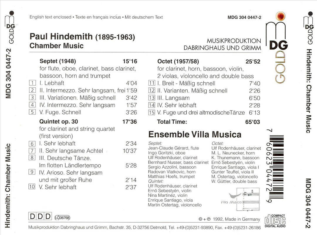 Hindemith: Septet; Clarinet Quintet, Op. 30; Octet cover art