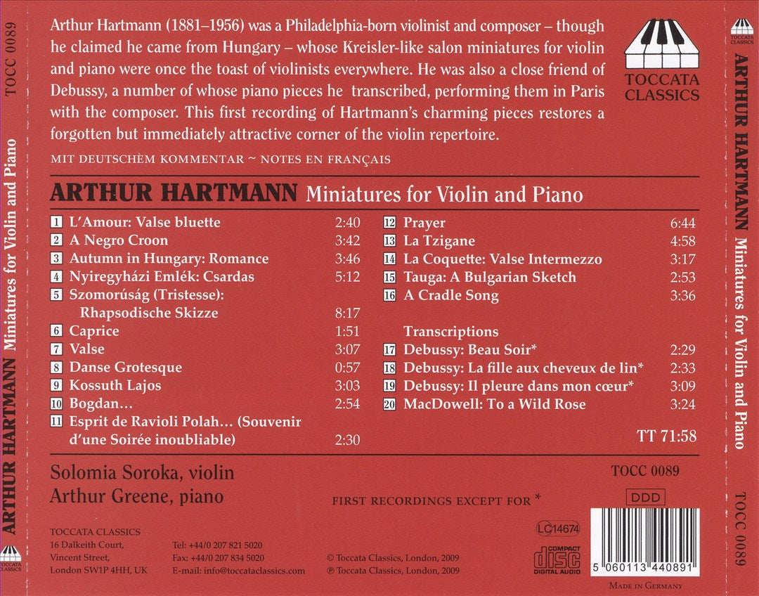 Arthur Hartmann: Miniatures for violin and Piano; Transcriptions cover art