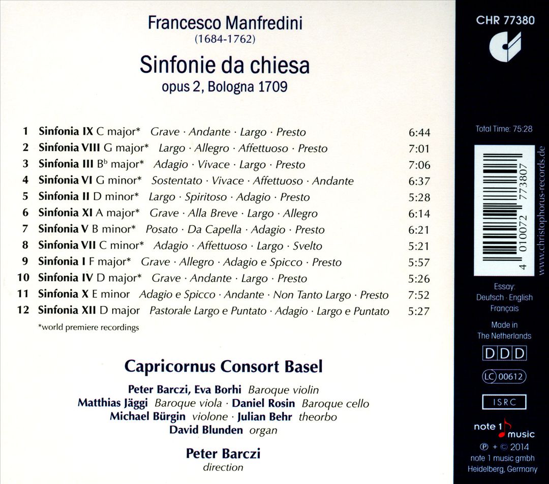 Francesco Manfredini: Sinfonie da chiesa, Bologna 1709 cover art