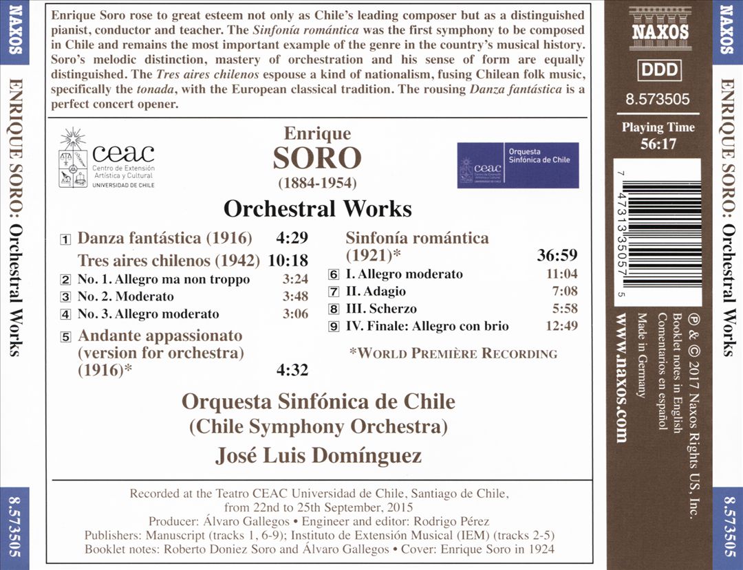 Enrique Soro: Sinfonía Romántica; Danza Fantástica; Tres Aires Chilenos; Andante Appassionato cover art