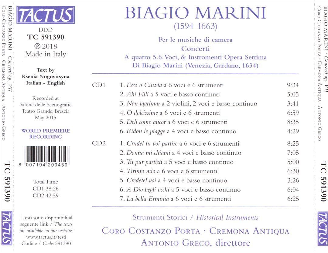 Biagio Marini: Concerti A quatro 5.6. Voci, & Instromenti, Opera Settima, Venezia, 1634 cover art