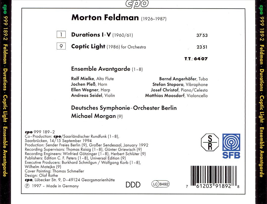Morton Feldman: Durations I-V; Coptic Light cover art