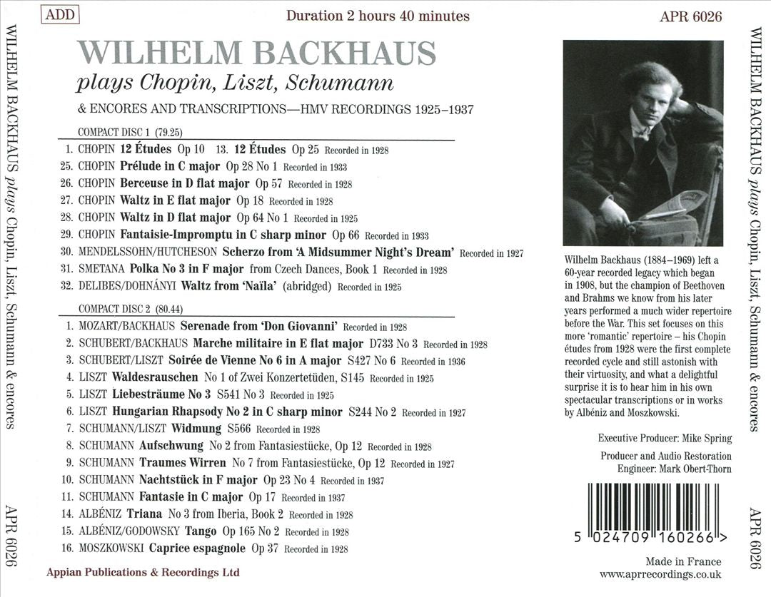 Wilhelm Backhaus plays Chopin, Liszt, Schumann & encore pieces: HMV recordings: 1925-1937 cover art