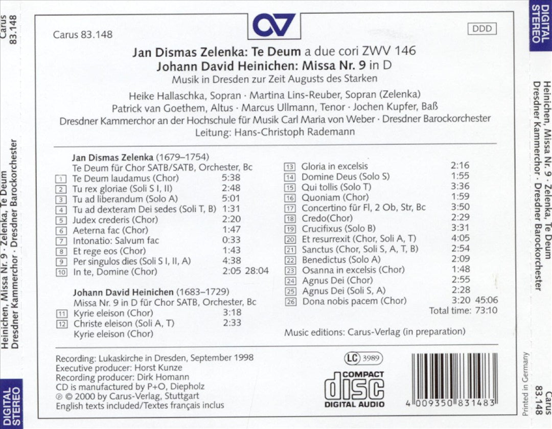 Heinichen: Missa Nr. 9; Zelenka: Te Deum cover art