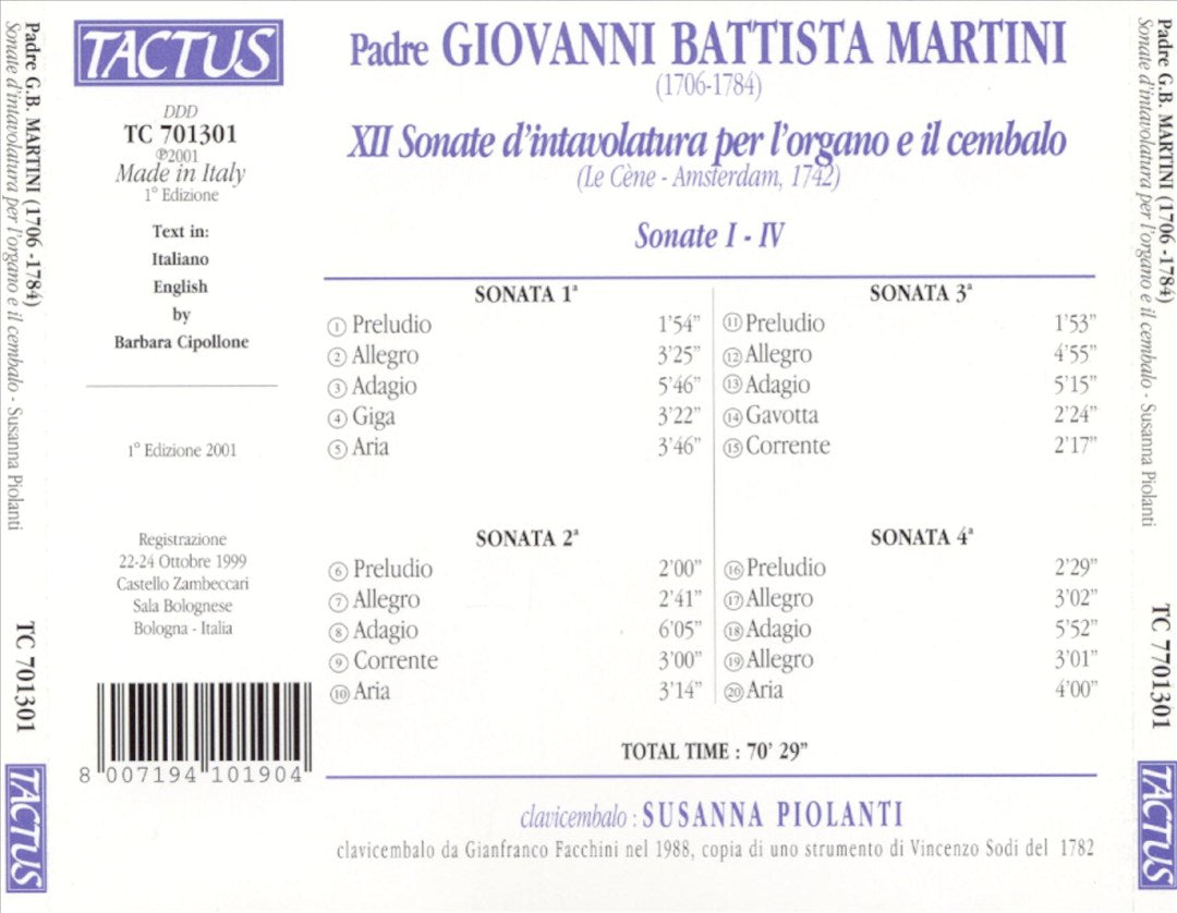 Giovanni Battista Martini: Sonate d'intavolatura per l'organo e il cembalo cover art