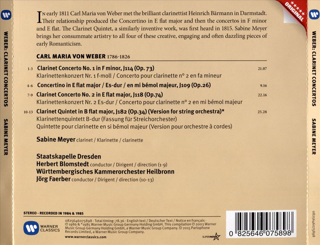 Weber: Clarinet Concertos Nos. 1 & 2; Concertino; Clarinet Quintet cover art