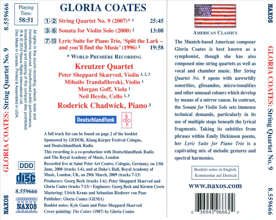 Gloria Coates: String Quartet No. 9; Sonata for Violin Solo; Lyric Suite for Piano Trio cover art