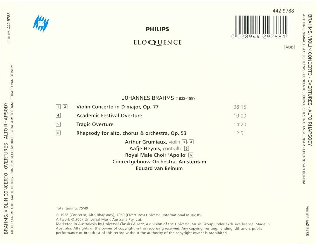 Brahms: Violin Concerto; Alto Rhapsody; Overture cover art