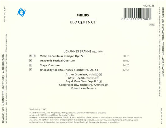 Brahms: Violin Concerto; Alto Rhapsody; Overture cover art
