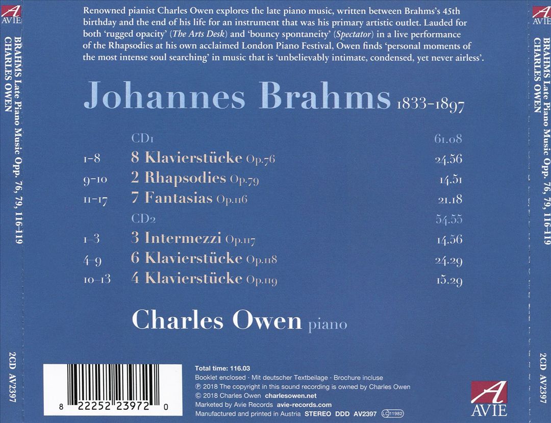 Brahms: Late Piano Music Opp. 76, 79, 116-119 cover art