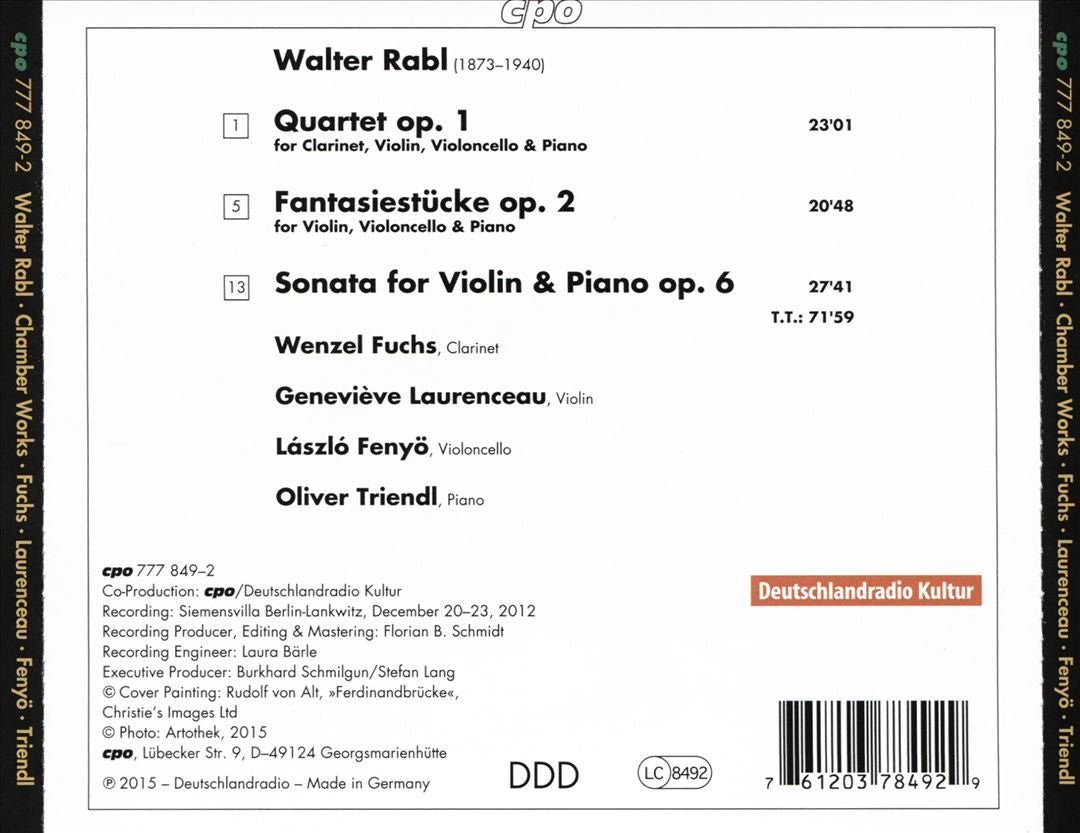 Walter Rabl: Clarinet Quartet; Fantasiestücke; Violin Sonata cover art