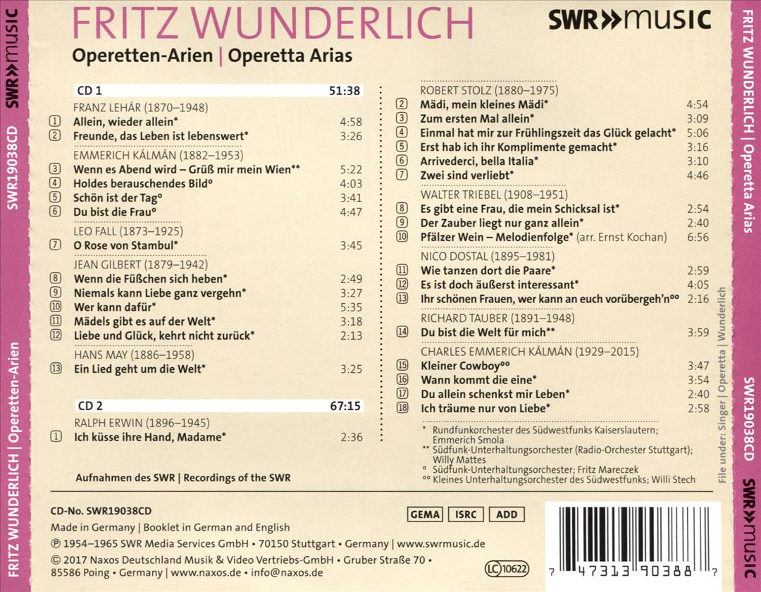 FRITZWUNDERLICHOPERETTENARIEN cover art