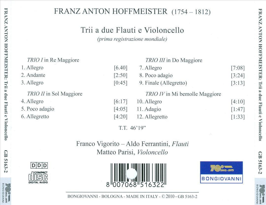 Franz Anton Hoffmeister: Trii a due flauti e violoncello cover art