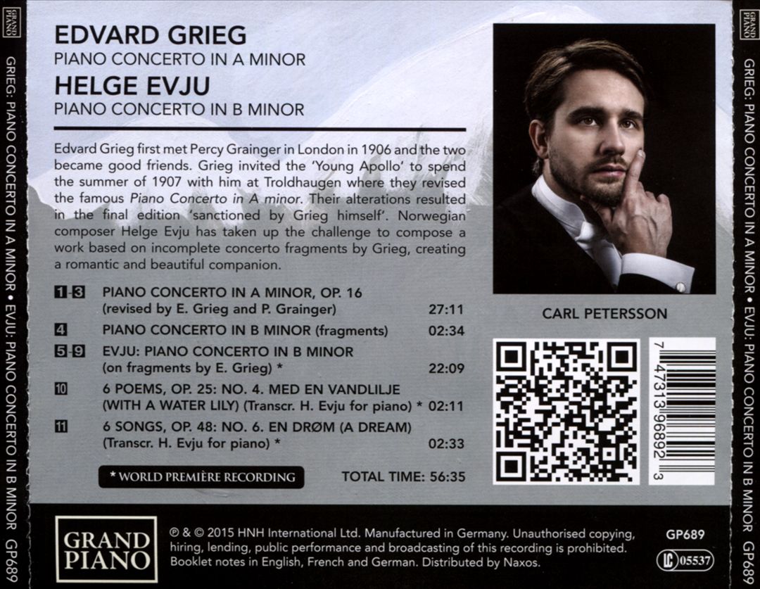 Grieg: Piano Concerto in A minor; Fragments of a Piano Concerto in B minor; Evju: Piano Concerto in B minor cover art