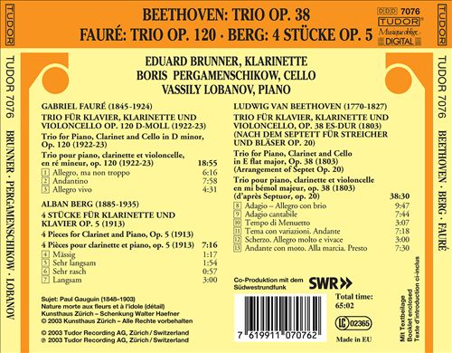Beethoven: Trio, Op. 38; Berg: 4 Stücke, Op. 5; Fauré: Trio, Op. 10 cover art