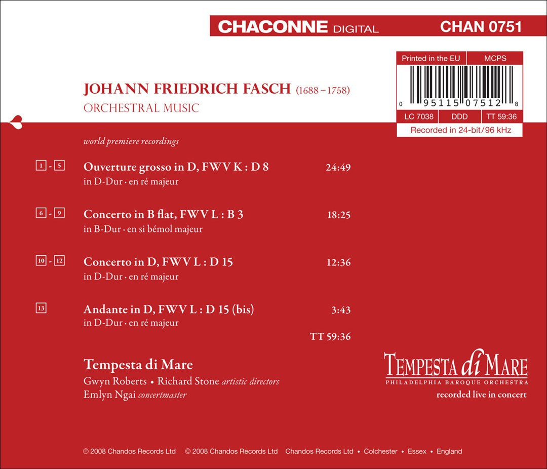 Fasch: Ouverture grosso in D major; Andante in D major; Etc. cover art