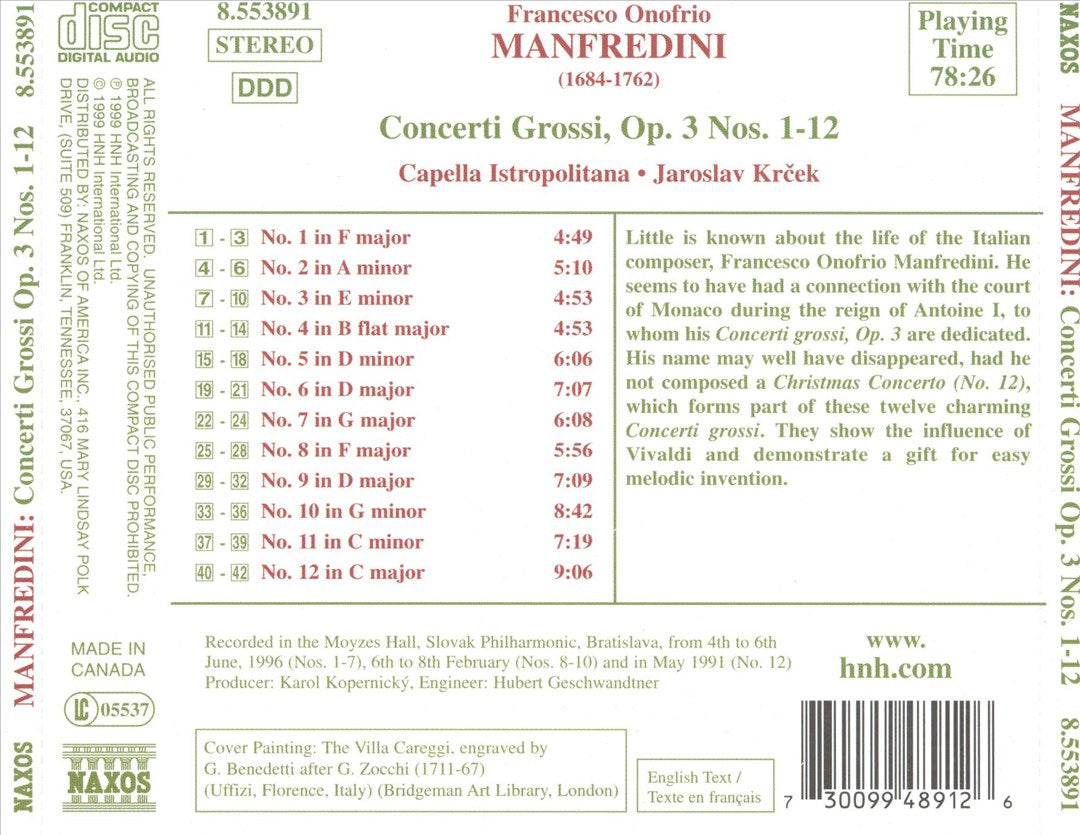Manfredini: CONCERTI GROSSI OP. 3 Nos. 1-12 cover art
