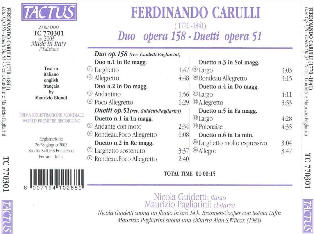 Ferdinando Carulli: Duo opera 158; Duetti opera 51 cover art