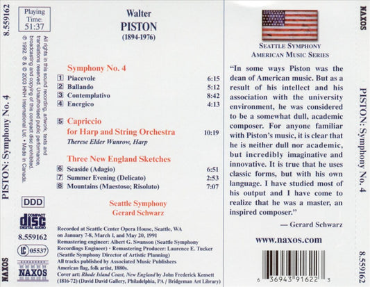 Walter Piston: Symphony No. 4; Three New England Sketches; Capriccio for Harp and String Orchestra cover art