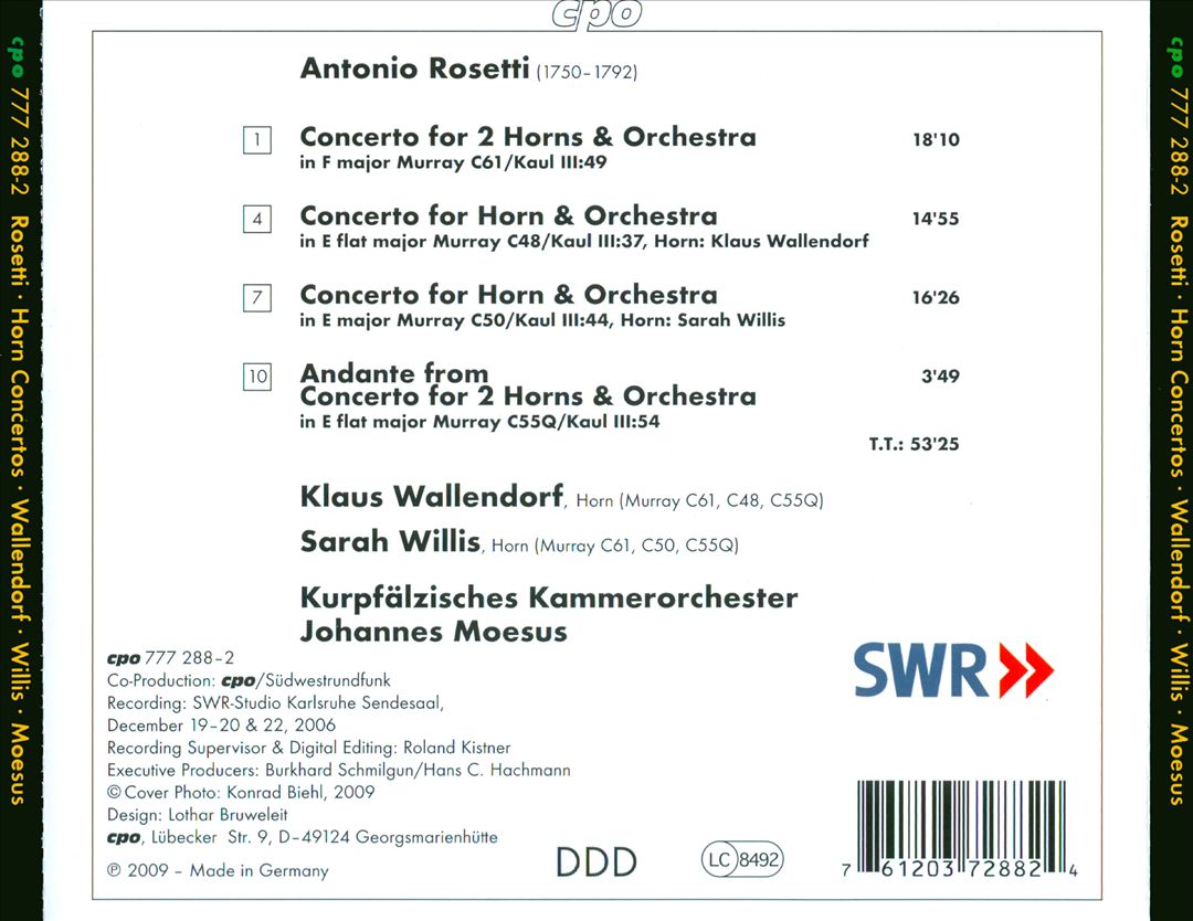 Antonio Rosetti: Horn Concertos cover art