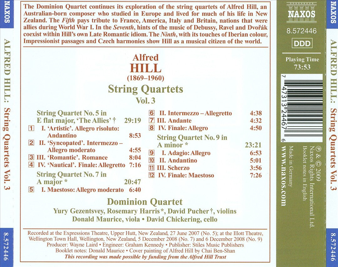 Alfred Hill: String Quartets, Vol. 3 cover art
