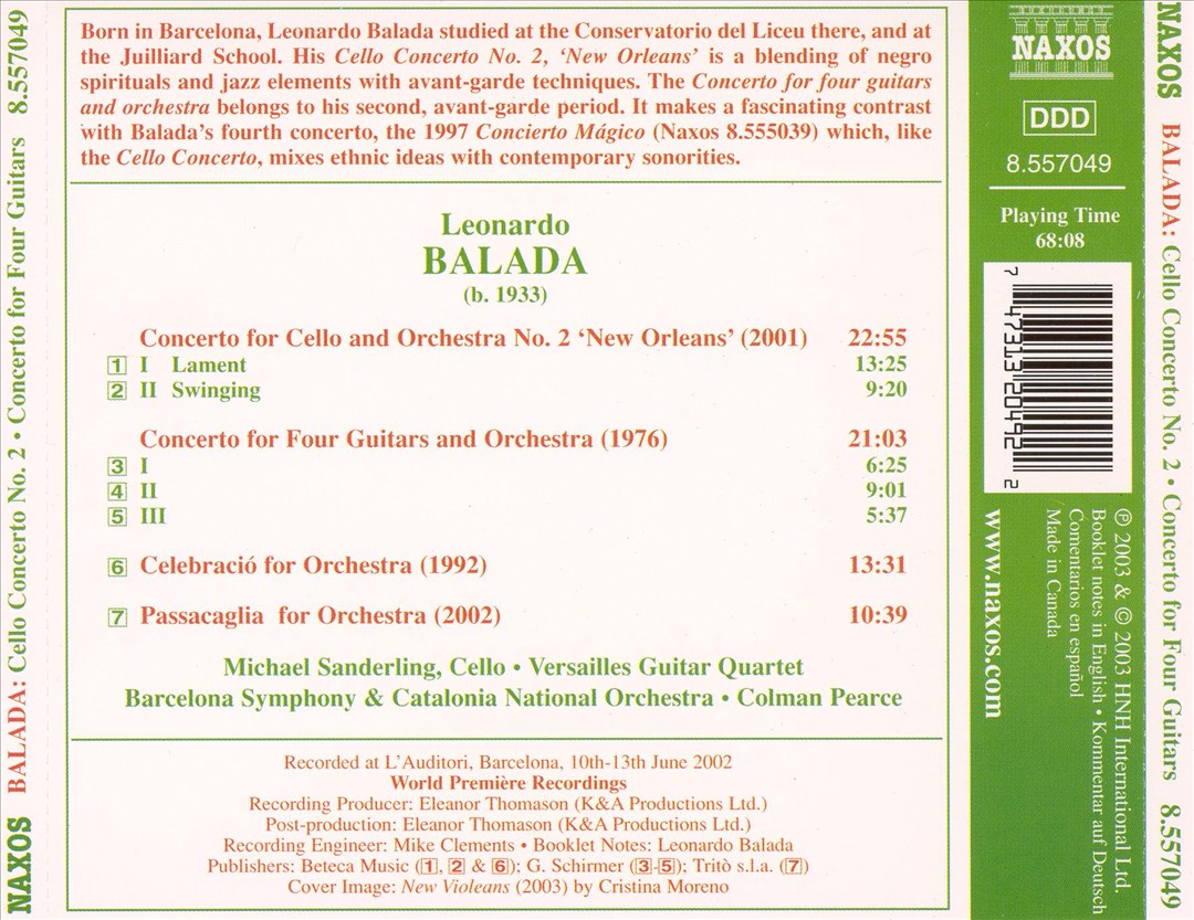 Leonardo Balada: Cello Concerto No. 2 "New Orleans"; Concerto for Four Guitars cover art