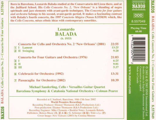 Leonardo Balada: Cello Concerto No. 2 "New Orleans"; Concerto for Four Guitars cover art