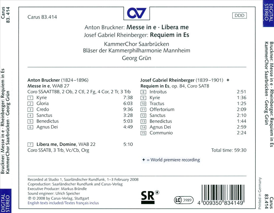 Bruckner: Messe in e; Rheinberger: Requiem in Es cover art