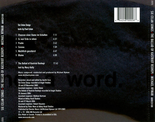 Michael Nyman: Six Celan Songs; The Ballad of Kastriot Rexhepi cover art