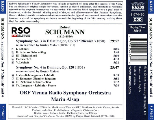 Schumann (re-orchestraed by Mahler): Symphony No. 3 'Rhenish'; Symphony No. 4 cover art