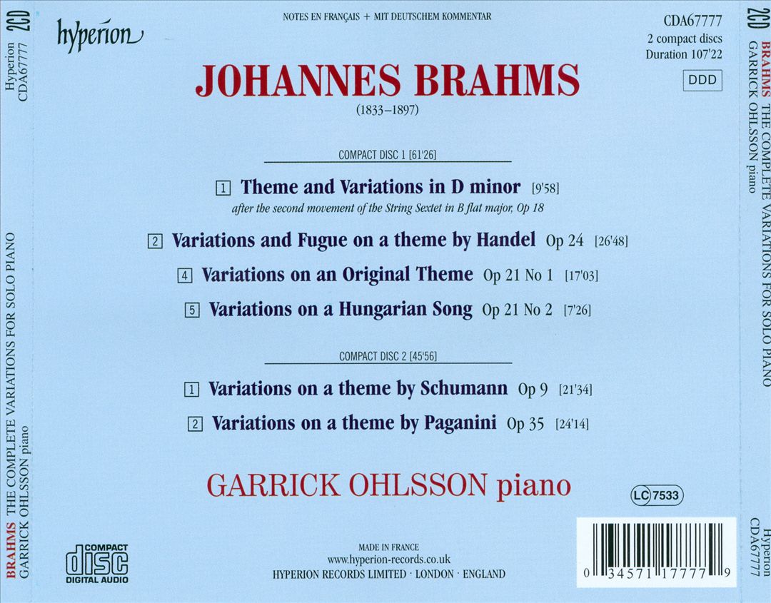 Brahms: The Complete Variations for Solo Piano cover art