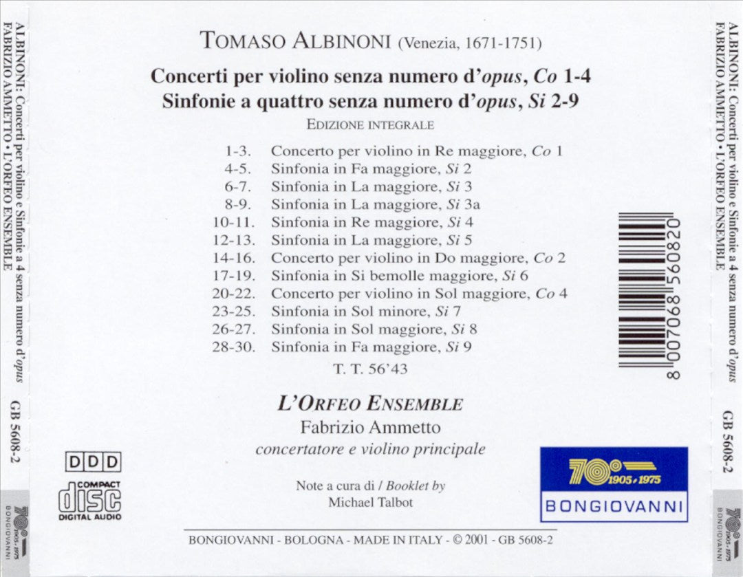 Albinoni: Concerti per violino senza numéro d'opus cover art