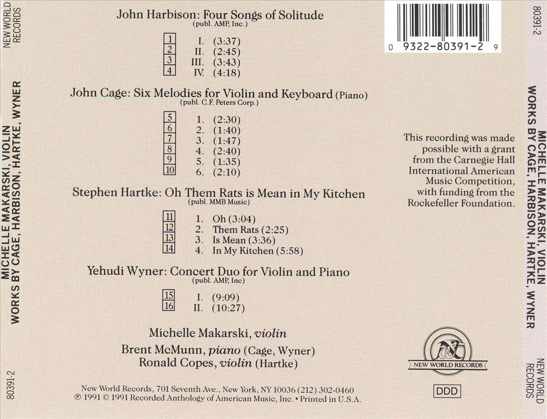 Michelle Makarski plays John Cage, John Harbison, Stephen Hartke, Yehudi Wyner cover art